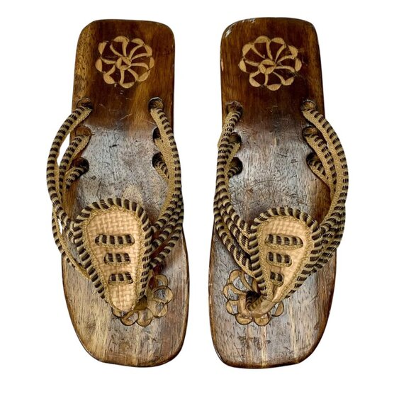Carved Wooden Japanese Inspired Raffia Flip Flop Platform Thong Sandals Sz 6/6.5 - Picture 3 of 9